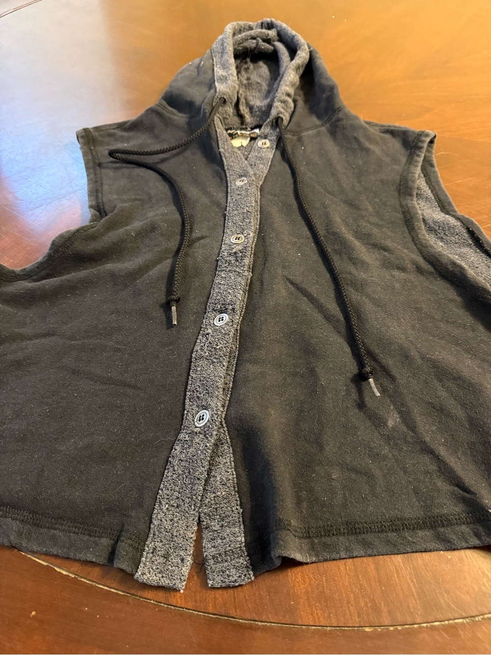 Sleeveless Hooded Button-Front Vest - Black with Gray Trim